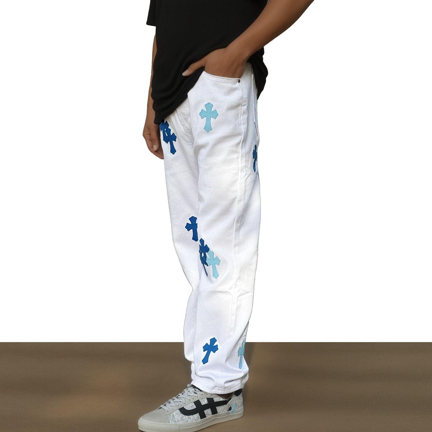 美式复古白色贴皮十字架牛仔裤潮