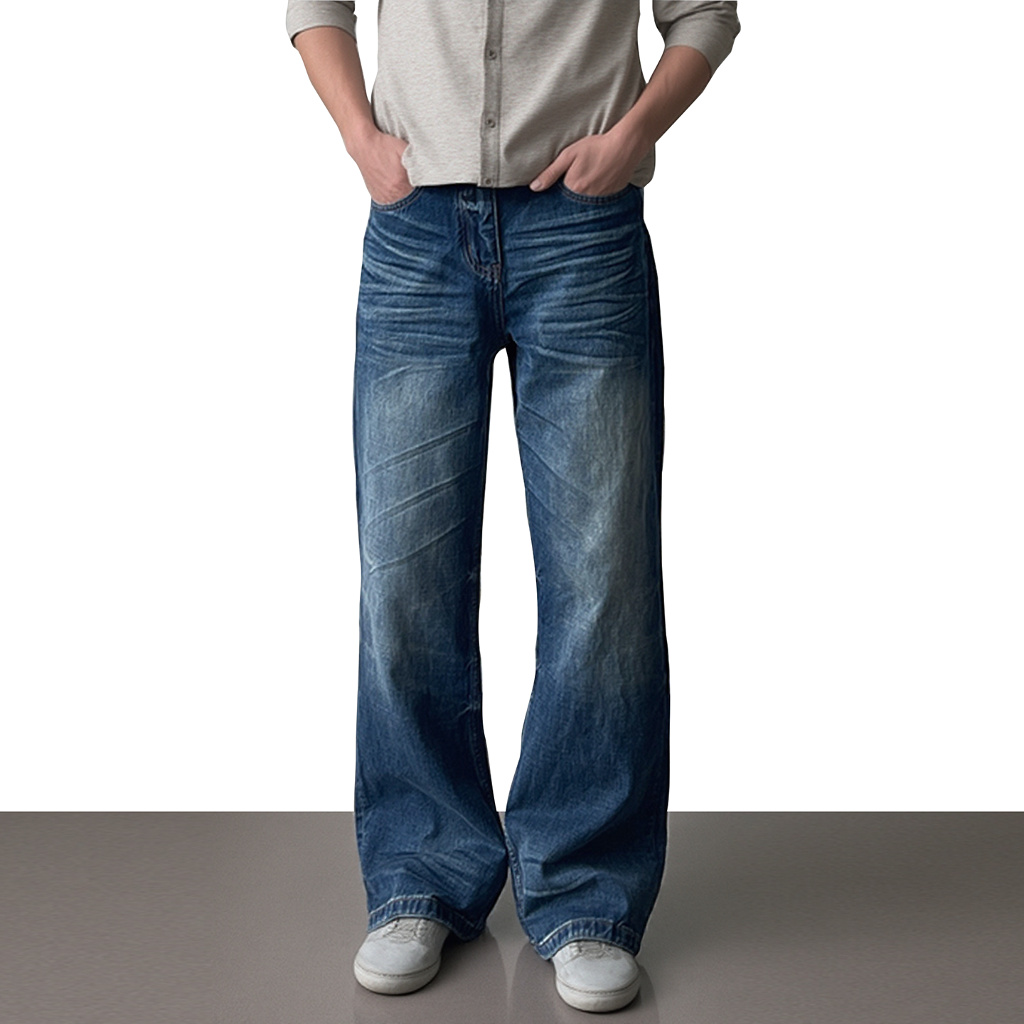 美式复古蓝色水洗做旧猫须牛仔裤