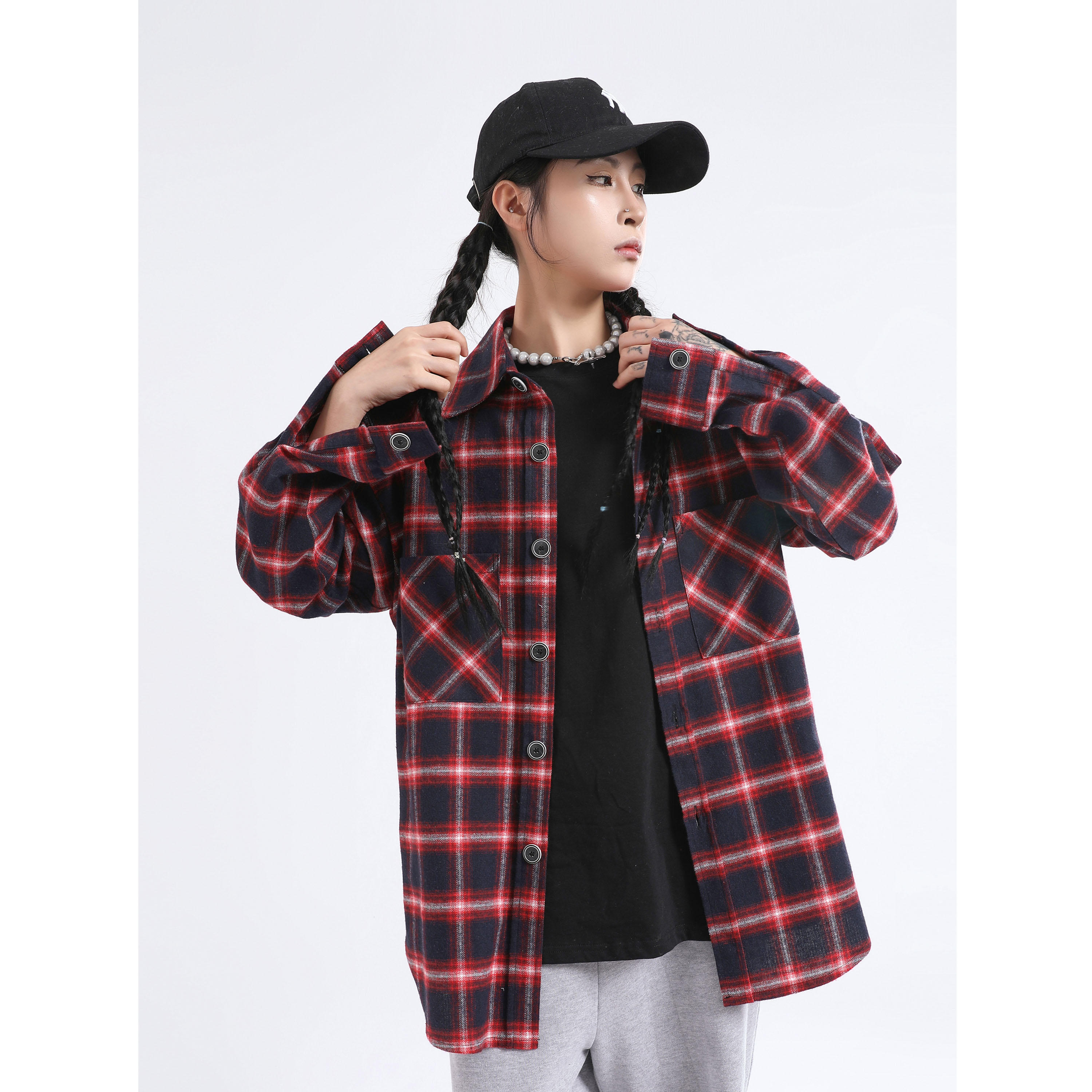 国潮原创设计格子长袖衬衫