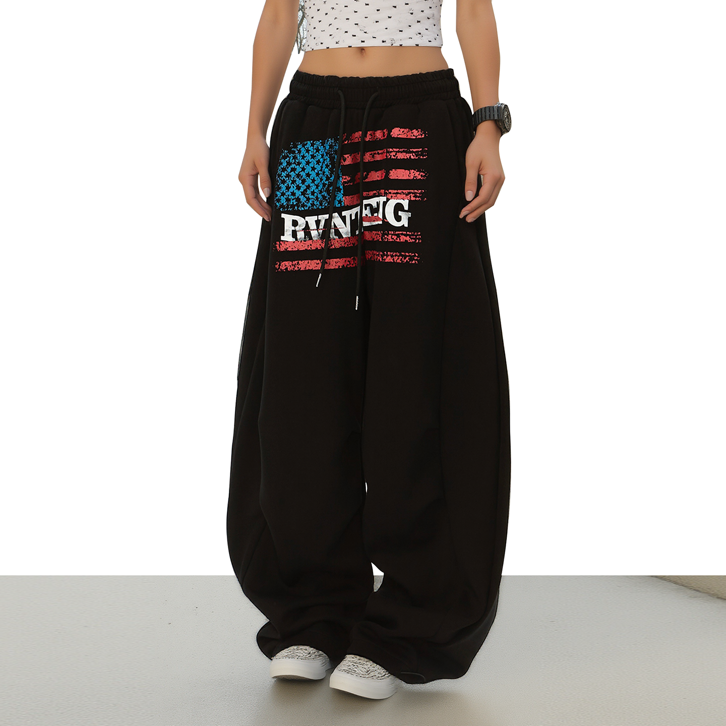 美式做旧旗帜印花抽绳弯刀休闲裤