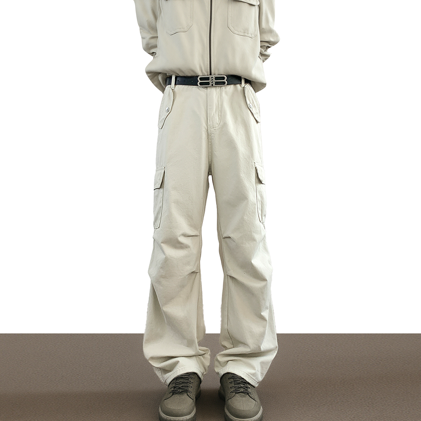 美式复古休闲多口袋米白色工装裤