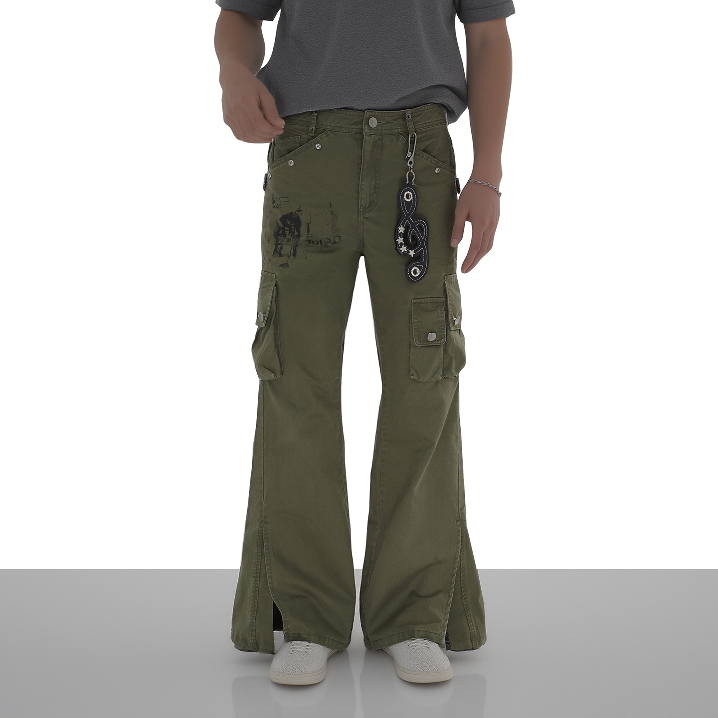 美式街头做旧人像印花开衩工装裤