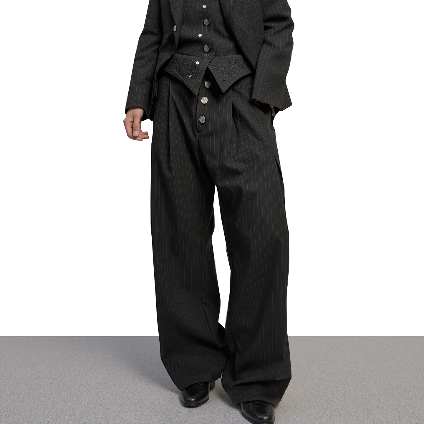 美式垂坠感高腰条纹刺绣休闲西裤