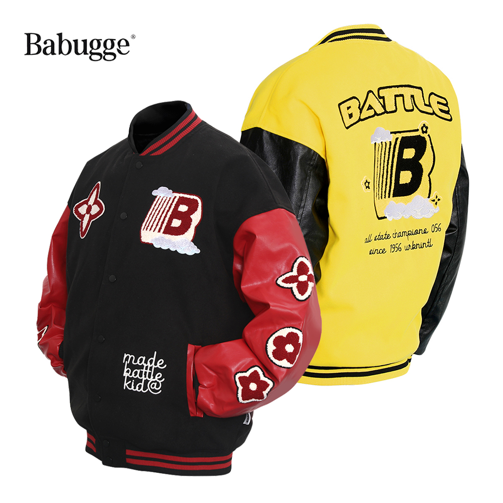 美式重工刺绣PU皮袖棒球服情侣款