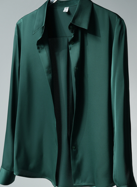 修身版墨绿色重磅缎面通勤职场百搭抗皱垂感仿醋酸春秋正肩衬衫女