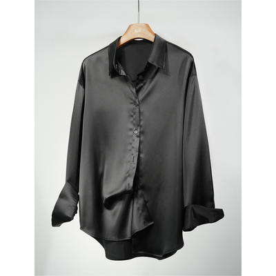 高端黑抗皱宽松显瘦垂感缎面衬衫