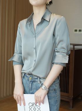 修身版高级灰缎面通勤职场百搭抗皱垂感春秋高级感正肩显瘦衬衫女