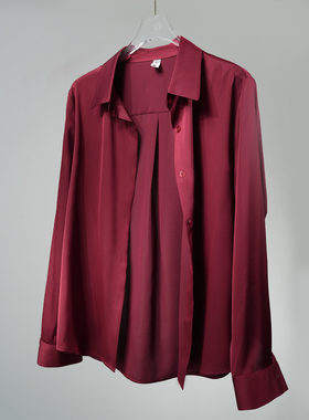 修身版酒红色重磅缎面通勤职场百搭抗皱垂感仿醋酸春秋正肩衬衫女