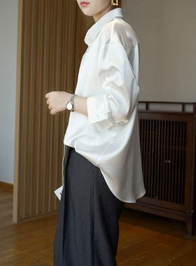 宽松版珠光白重磅垂感缎面通勤职场百搭抗皱高级仿醋酸春秋衬衫女
