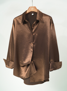 【重磅鎏金】宽松落肩可可棕缎面衬衫高克重抗皱垂感男女秋冬加厚