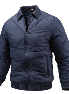 秋冬男士棉衣外套休闲百搭翻领拉链棉服防风保暖棉袄菱形格轻奢潮