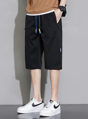黑色短裤男士潮牌夏季薄款冰丝凉感运动中裤2023新款潮流五分裤子