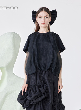 ROSEMOO/容子木24年春新款轻薄丝滑针织拼接丝短袖上衣RCL1TP423D