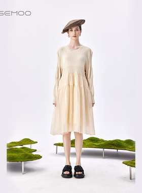 容子木ROSEMOO商场同款毛织拼接丝质面料中长连衣裙RMT1LS170A