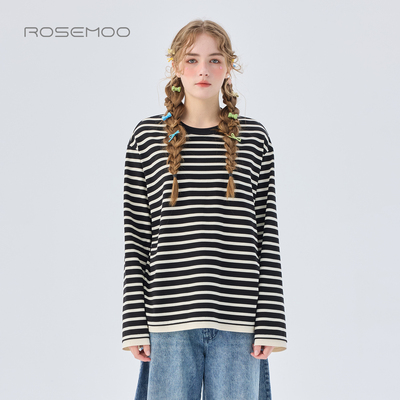 ROSEMOO/容子木26春【商场同款】圆领宽松长袖条纹T恤RWM1TC272B