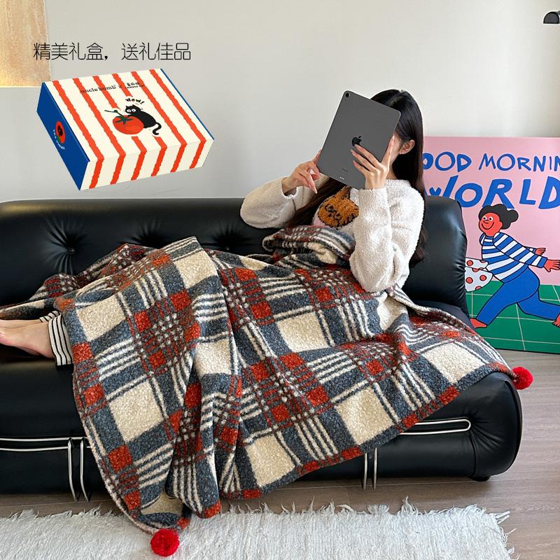 秋冬半边绒华夫格披肩毯