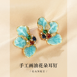 敢酷蓝色珐琅杜鹃花朵耳钉镶钻彩色锆石夸张耳环大气高级感耳饰女