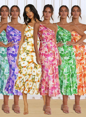 Floral Print Summer Dress for Women 2023 Elegant One Shoulde