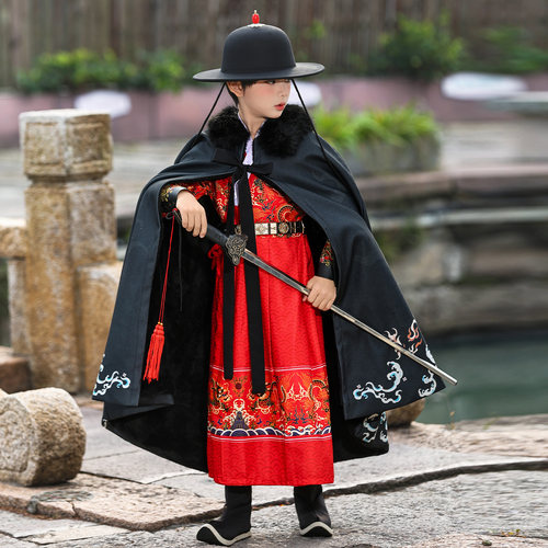 加绒加厚斗篷飞鱼服中国风男童锦衣卫飞鱼服古装麒麟披风披肩冬季
