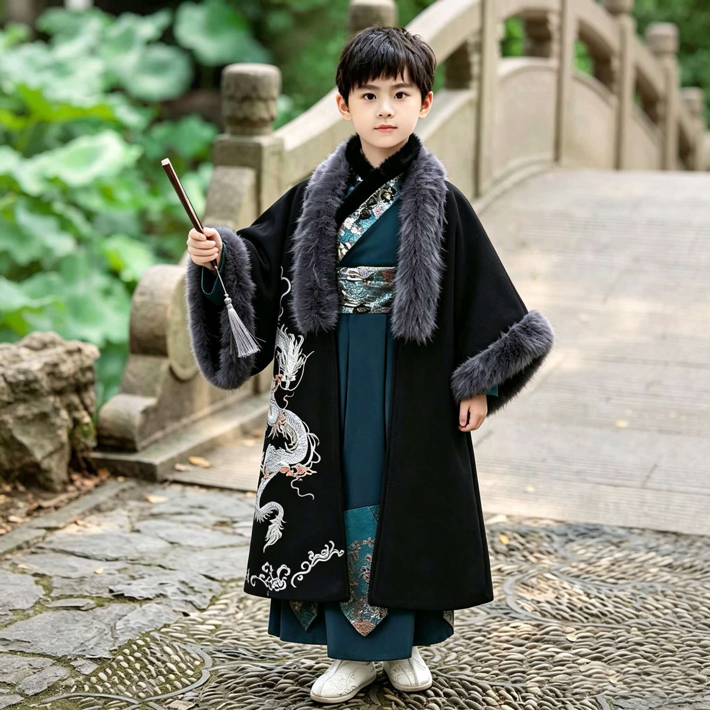 男童汉服仿狐毛领加绒加厚斗篷