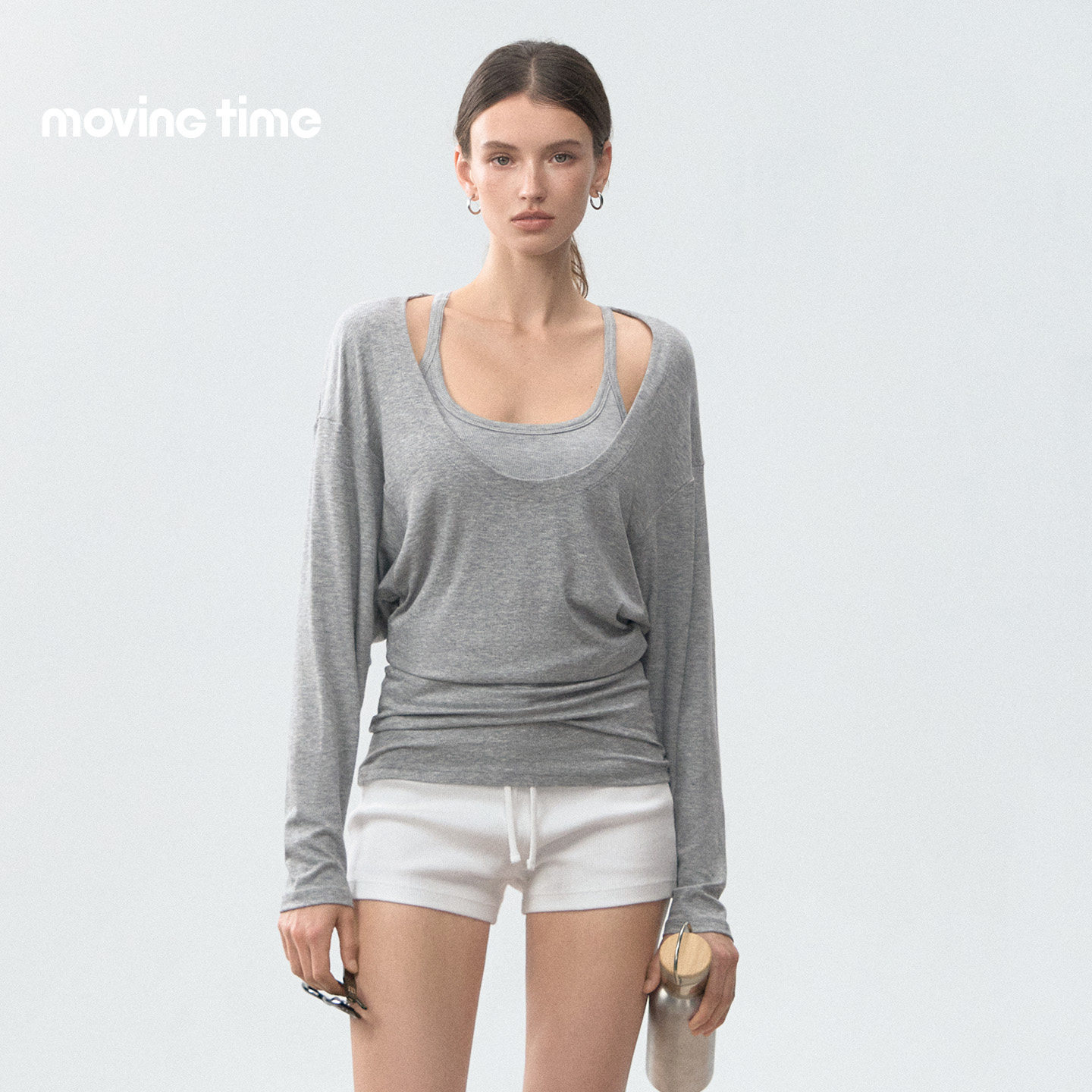 movingtime宽松运动罩衫女U领瑜伽服上衣普拉提训练健身长袖叠穿