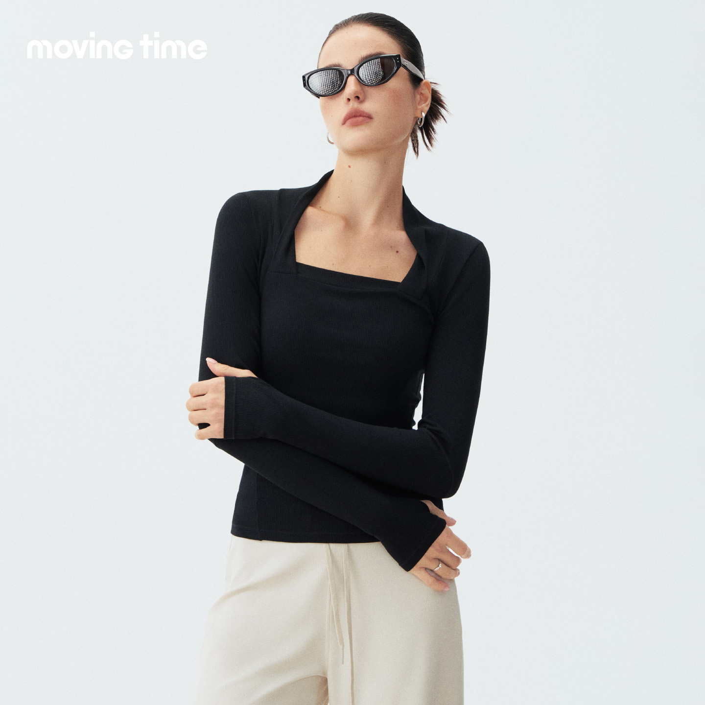 方领运动长袖女健身瑜伽服打底衫