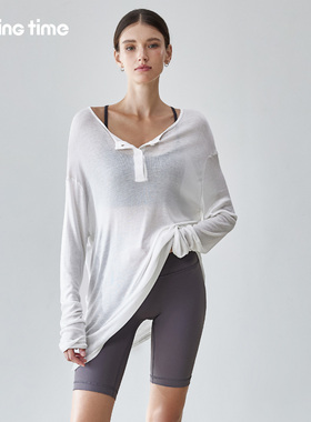 movingtime宽松轻薄外搭防晒罩衫女长款亨利领上衣慵懒风长袖T恤