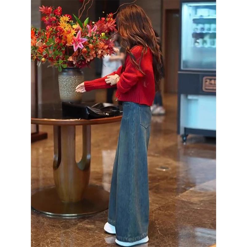 JOYIASS秋日ootd穿搭一整套韩系减龄覆古红色针织上衣高腰阔腿牛