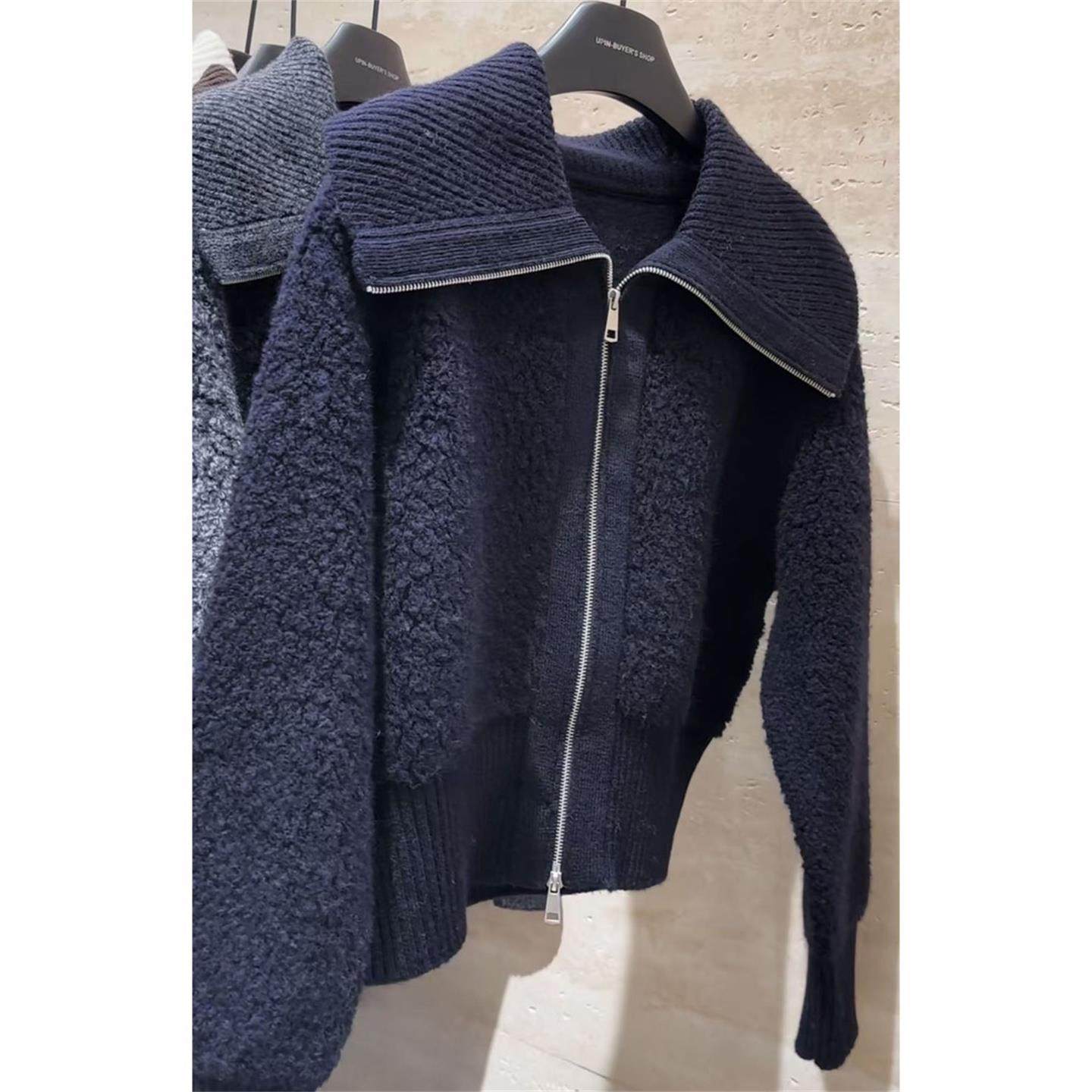 JOYIASS秋季慵懒风穿搭设计感小众拉炼翻领毛衣外套女显瘦宽松覆,女装/女士精品,大码套装,淘宝优惠券,粉丝福利购,淘宝优惠卷