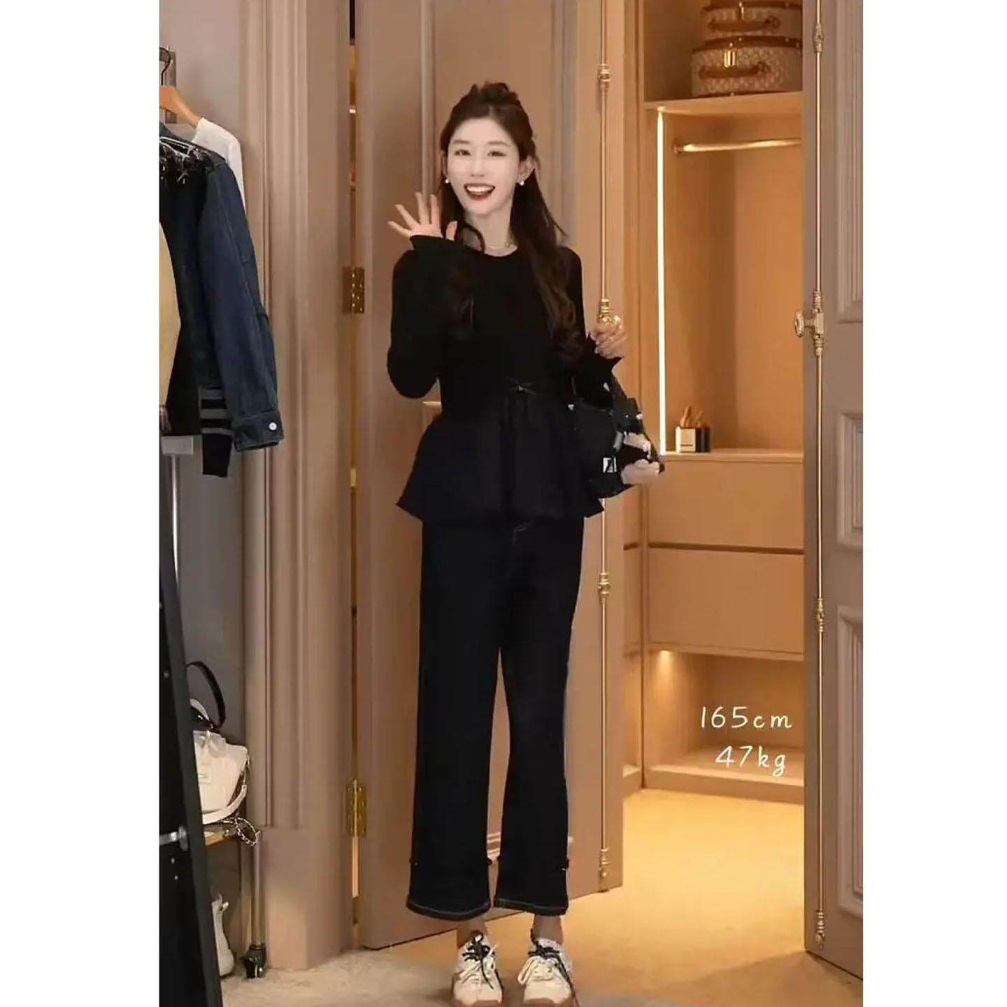 JOYIASS秋季女款2025新款法式高级感圆领长袖上衣覆古高腰直筒牛
