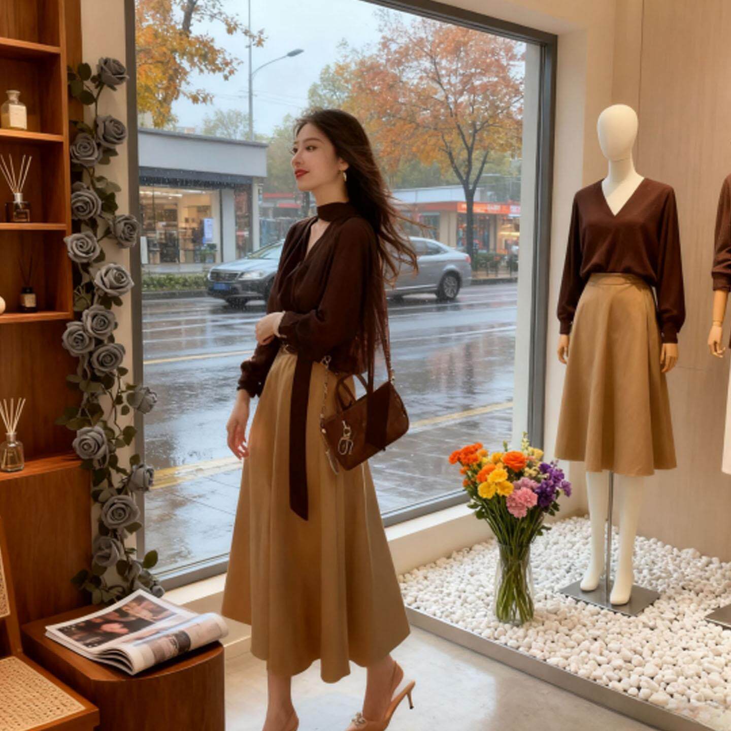 JOYIASS高级感穿搭一整套法式覆古V领长袖衬衫气质显瘦a字半身裙