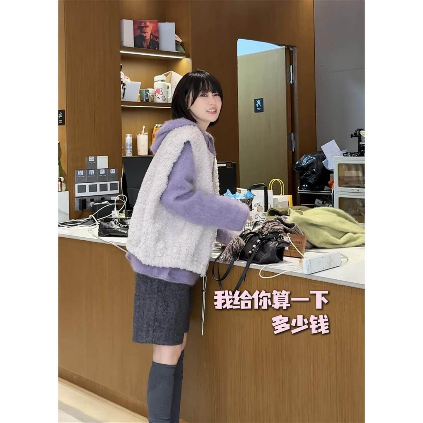 JOYIASS韩系chic套装温柔风羊羔毛外套叠穿连帽毛衣复古阔腿短裤