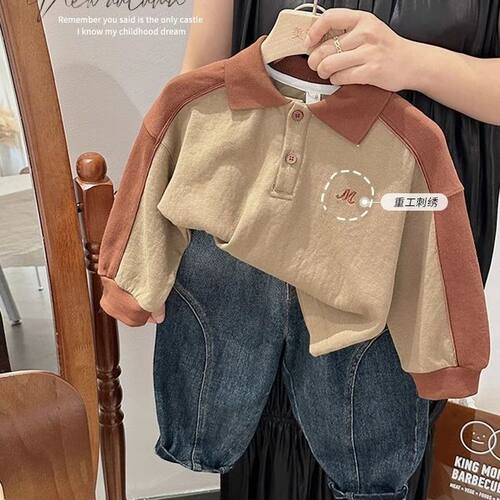 百搭新潮男童绣花卫衣2025春秋装薄款儿童撞色Polo衫女童翻领上衣