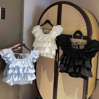 韩版女童木耳边飞袖方领衬衫儿童2025新款夏季中大童洋气无袖上衣