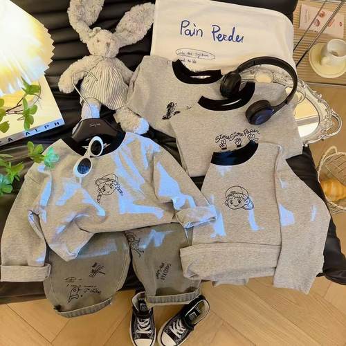 韩系新款可爱春秋季儿童卡通长袖拼色圆领百搭上衣男女童宝宝打底