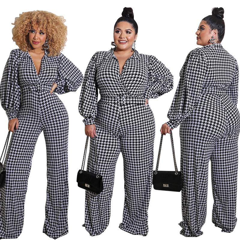 S-5XL ladies printed puffy sleeve jumpsuit大码女泡泡袖连体裤