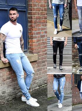 紧身破洞牛仔天蓝色黑色长袖加绒白色水洗旅游jeans pants men