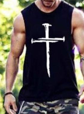 2024亚马逊独立站夏季男装 十字架印花无袖t恤黑色宽松运动上衣