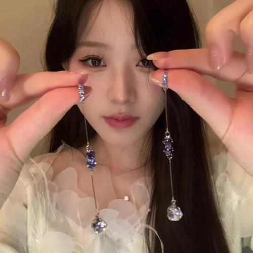 MAMAMOO铜合金耳饰银质紫钻透明钻流苏耳线优雅浪漫梦幻耳饰新款