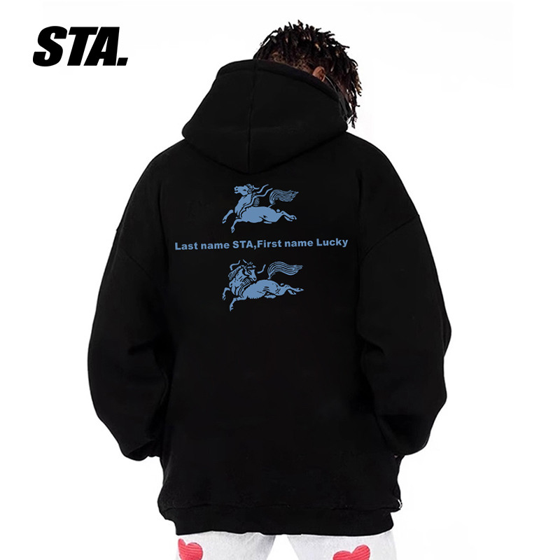 STA潮牌26SS马年LOGO复古高街连帽卫衣战马男女套头重磅秋季上衣