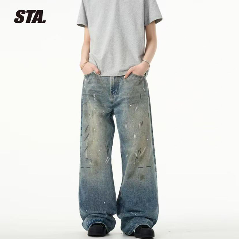 STA美式扎染泼墨复古牛仔裤直筒