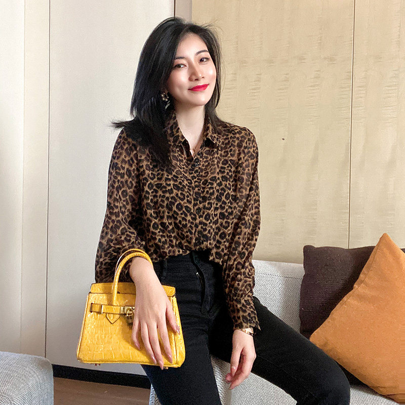 轻熟复古豹纹雪纺衬衫欧洲站秋装2021新款欧货潮女士气质港风衬衣