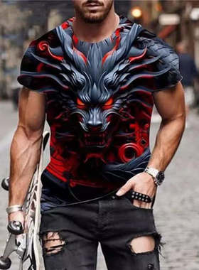 3D printed large round neck T-shirt  复古3D印花大码圆领T恤衫