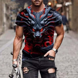 3D printed large round neck T-shirt 复古3D印花大码圆领T恤衫