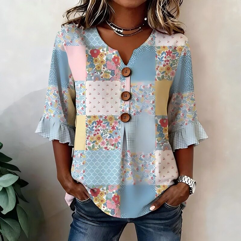 欧美风V领荷叶袖印花T恤女短袖拼接木扣上衣 Women's top T-shirt