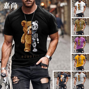 Shirt Fashion Teddy Collarless Black Short Bear Sleeve t恤