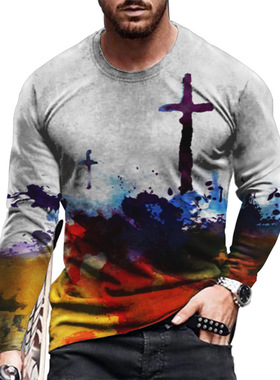 3D printed round neck long sleeve top 3D印花修身圆领长袖上衣