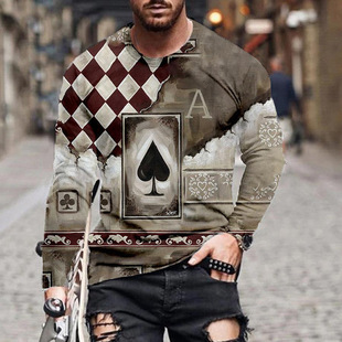 2021 playing card printing men's long-sleeved top圆领印花T恤