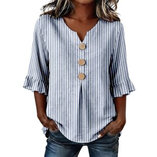 欧美风V领条纹衬衫女夏季木扣装饰喇叭袖上衣 Women's V-neck top