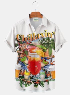 Beach 3D print short sleeve shirt     沙滩3D印花翻领短袖衬衫